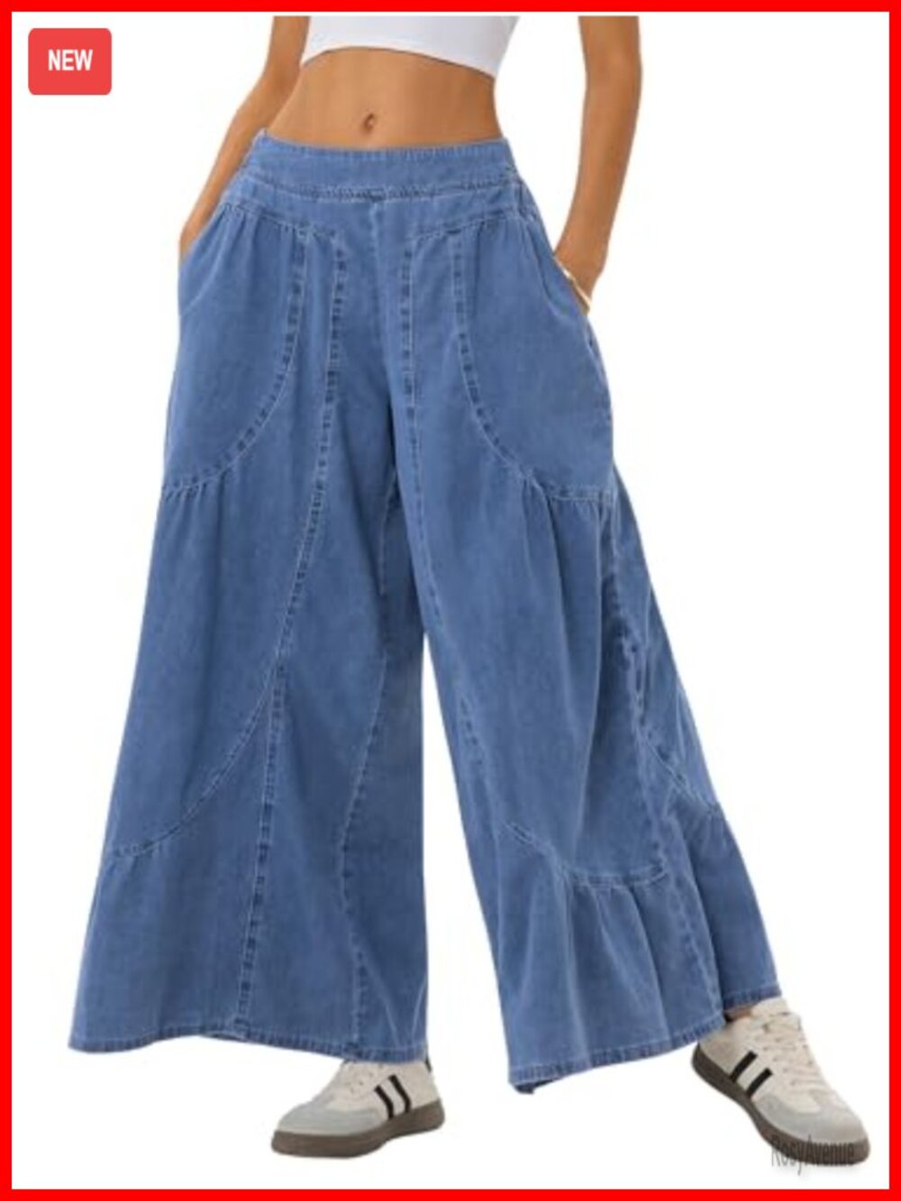 Boho Wide Leg Palazzo Jeans Flowy Ruffle Hem Tiered Trousers